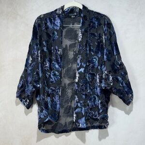 Forever 21 Burnout Velvet Floral Kimono – Black/Blue Sheer Boho Whimsigoth Shawl